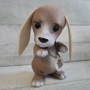 Vintage Sad Puppy Dog Figurine Bank By RDE 69 With Chain Tag - Brown & White